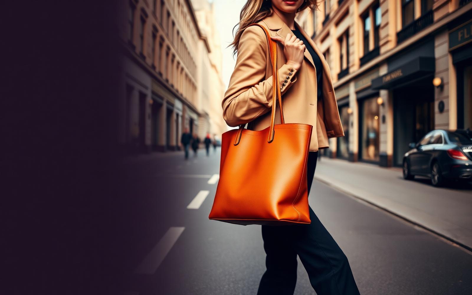 Woman carrying a caramel leather tote on a city street